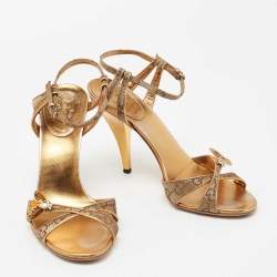 مملوكة مسبقًا Gucci Gold GG Canvas And Leather Bee Jewel Embellished Ankle Strap Sandals Size 38
