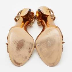 مملوكة مسبقًا Gucci Gold GG Canvas And Leather Bee Jewel Embellished Ankle Strap Sandals Size 38