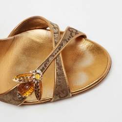 مملوكة مسبقًا Gucci Gold GG Canvas And Leather Bee Jewel Embellished Ankle Strap Sandals Size 38