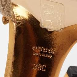 مملوكة مسبقًا Gucci Gold GG Canvas And Leather Bee Jewel Embellished Ankle Strap Sandals Size 38