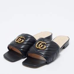 مملوكة مسبقًا Gucci Black Quilted Leather Jolie Logo Flat Slide Sandals Size 39
