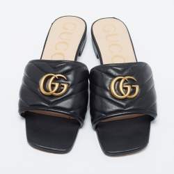 مملوكة مسبقًا Gucci Black Quilted Leather Jolie Logo Flat Slide Sandals Size 39