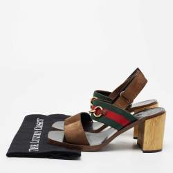 Gucci Brown Suede Web Horsebit Slingback Block Heel Sandals Size 38.5