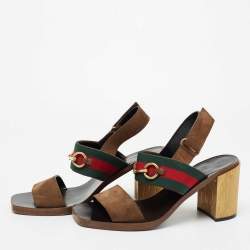 Gucci Brown Suede Web Horsebit Slingback Block Heel Sandals Size 38.5
