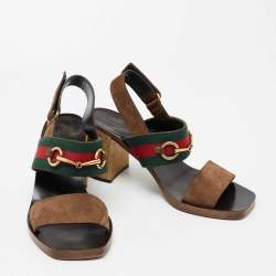 Gucci Brown Suede Web Horsebit Slingback Block Heel Sandals Size 38.5