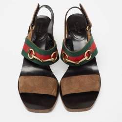 Gucci Brown Suede Web Horsebit Slingback Block Heel Sandals Size 38.5