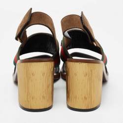 Gucci Brown Suede Web Horsebit Slingback Block Heel Sandals Size 38.5