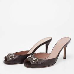 Pre Owned Gucci Dark Brown Guccissima Leather Horsebit Peep Toe Mules Size 38