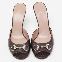 Pre Owned Gucci Dark Brown Guccissima Leather Horsebit Peep Toe Mules Size 38