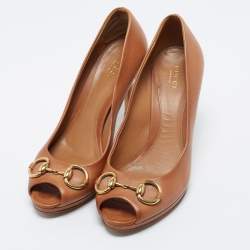 Pre Owned Gucci Brown Leather Horsebit Peep Toe Pumps Size 39.5