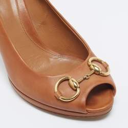 Pre Owned Gucci Brown Leather Horsebit Peep Toe Pumps Size 39.5