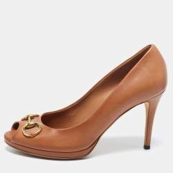 Pre Owned Gucci Brown Leather Horsebit Peep Toe Pumps Size 39.5
