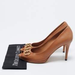 Pre Owned Gucci Brown Leather Horsebit Peep Toe Pumps Size 39.5