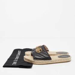 Pre Owned Gucci Black Leather GG Marmont Pilar Espadrilles Slide Flats Size 37.5