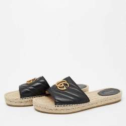 Pre Owned Gucci Black Leather GG Marmont Pilar Espadrilles Slide Flats Size 37.5