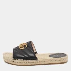 Pre Owned Gucci Black Leather GG Marmont Pilar Espadrilles Slide Flats Size 37.5