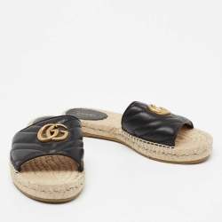 Pre Owned Gucci Black Leather GG Marmont Pilar Espadrilles Slide Flats Size 37.5