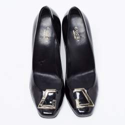 Pre Owned Gucci Black Patent Leather Block Heel Pumps Size 37