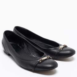 Pre Owned Gucci Black Leather Chain Link Accents Ballet Flats Size 38