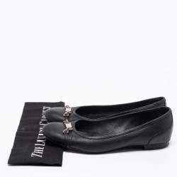 Pre Owned Gucci Black Leather Chain Link Accents Ballet Flats Size 38