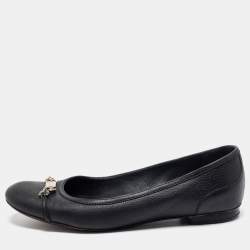 Pre Owned Gucci Black Leather Chain Link Accents Ballet Flats Size 38