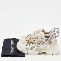 Gucci White Leather And Mesh Flashtrek Removable Crystals Low Top Sneakers Size 39