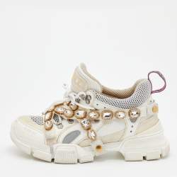 Gucci White Leather And Mesh Flashtrek Removable Crystals Low Top Sneakers Size 39