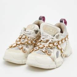 Gucci White Leather And Mesh Flashtrek Removable Crystals Low Top Sneakers Size 39