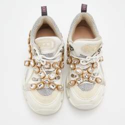 Gucci White Leather And Mesh Flashtrek Removable Crystals Low Top Sneakers Size 39