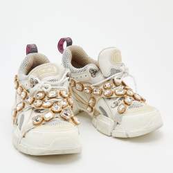 Gucci White Leather And Mesh Flashtrek Removable Crystals Low Top Sneakers Size 39