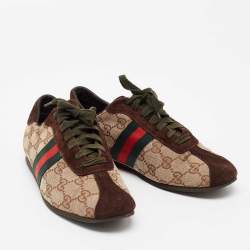 مملوكة مسبقًا حذاء رياضي غوتشي كانفاس ويب جي جي وسويدي بيج/بني عنق منخفض مقاس 37