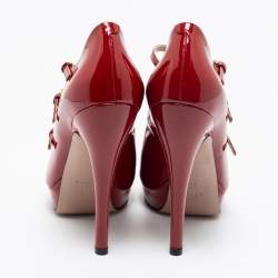 Pre Owned Gucci Red Patent Leather Platform Ankle Strap Mary Jane Peep Toe Pumps Size 36