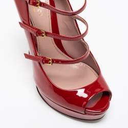 Pre Owned Gucci Red Patent Leather Platform Ankle Strap Mary Jane Peep Toe Pumps Size 36