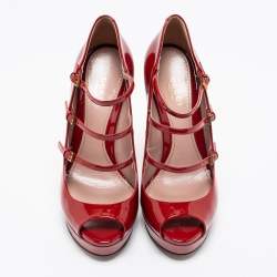 Pre Owned Gucci Red Patent Leather Platform Ankle Strap Mary Jane Peep Toe Pumps Size 36