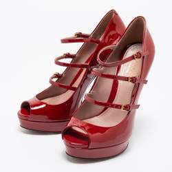 Pre Owned Gucci Red Patent Leather Platform Ankle Strap Mary Jane Peep Toe Pumps Size 36