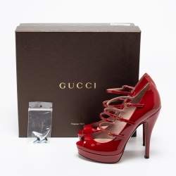 Pre Owned Gucci Red Patent Leather Platform Ankle Strap Mary Jane Peep Toe Pumps Size 36