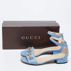 Pre Owned Gucci Blue Leather Horsebit Ankle Strap Flat Sandals Size 36.5