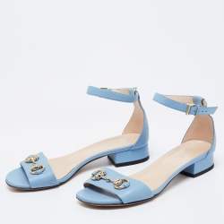 Pre Owned Gucci Blue Leather Horsebit Ankle Strap Flat Sandals Size 36.5