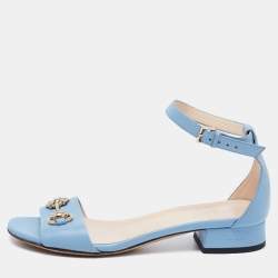 Pre Owned Gucci Blue Leather Horsebit Ankle Strap Flat Sandals Size 36.5