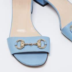 Pre Owned Gucci Blue Leather Horsebit Ankle Strap Flat Sandals Size 36.5
