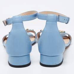 Pre Owned Gucci Blue Leather Horsebit Ankle Strap Flat Sandals Size 36.5