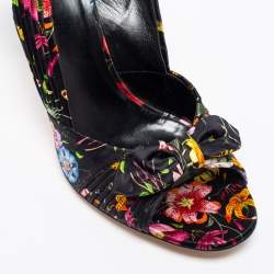 Pre Owned Gucci Black Floral Print Satin Bow Open-Toe Slingback Pumps Size 41
