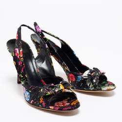 Pre Owned Gucci Black Floral Print Satin Bow Open-Toe Slingback Pumps Size 41