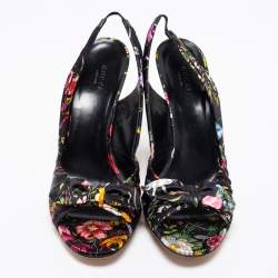 Pre Owned Gucci Black Floral Print Satin Bow Open-Toe Slingback Pumps Size 41