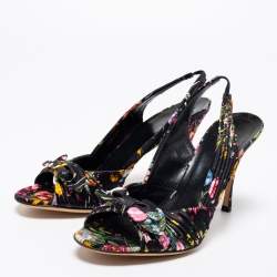 Pre Owned Gucci Black Floral Print Satin Bow Open-Toe Slingback Pumps Size 41