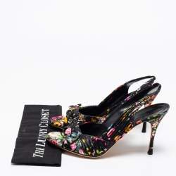 Pre Owned Gucci Black Floral Print Satin Bow Open-Toe Slingback Pumps Size 41