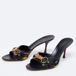 مملوكة مسبقًا Gucci Black Floral Print Canvas Bamboo Horsebit Slide Sandals Size 41