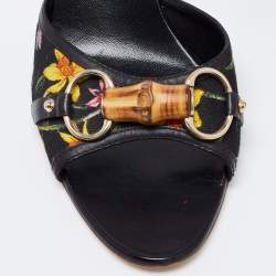 مملوكة مسبقًا Gucci Black Floral Print Canvas Bamboo Horsebit Slide Sandals Size 41