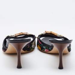 مملوكة مسبقًا Gucci Black Floral Print Canvas Bamboo Horsebit Slide Sandals Size 41
