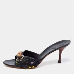مملوكة مسبقًا Gucci Black Floral Print Canvas Bamboo Horsebit Slide Sandals Size 41